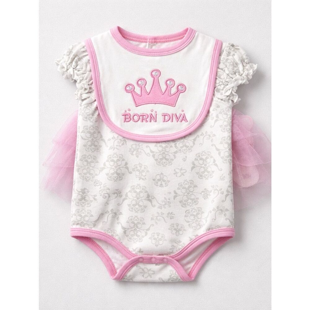 Baby Mode Born Diva Pink Trim Baby Onesie with Crown Bib 6-9 months NWT